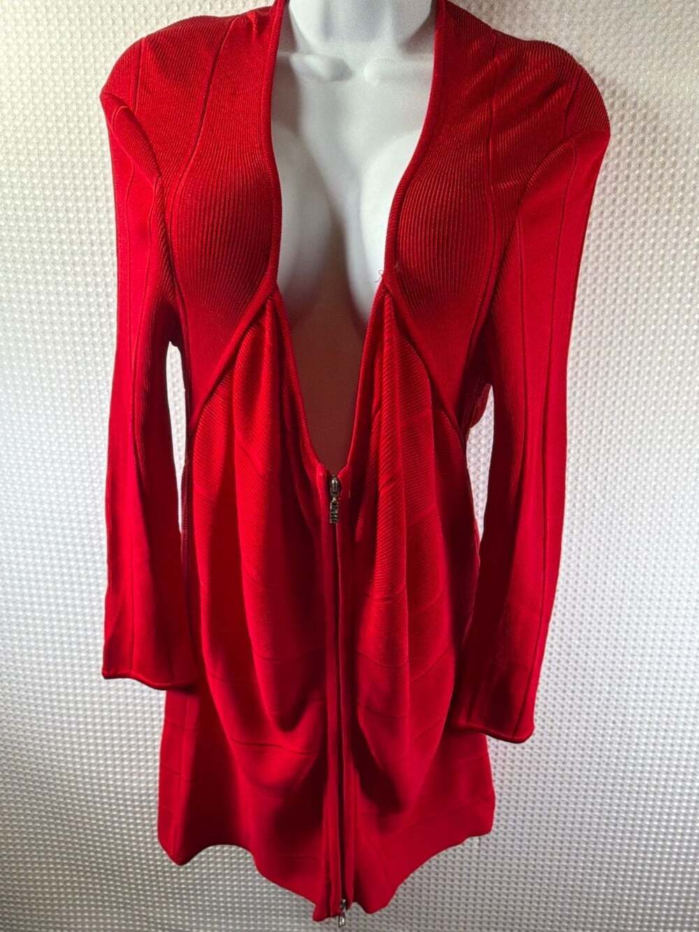 Cache Red Ribbed Knit Zipper Front Long Sleeve Dress